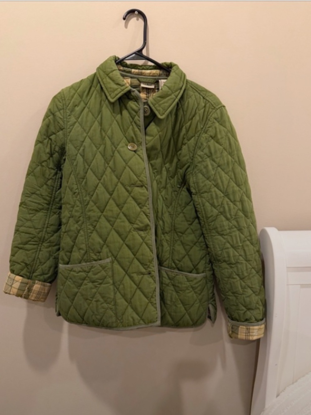 XS Petite L.L. Bean Quilted Puffer Jacket with Plaid Cuff Trim, Olive Green